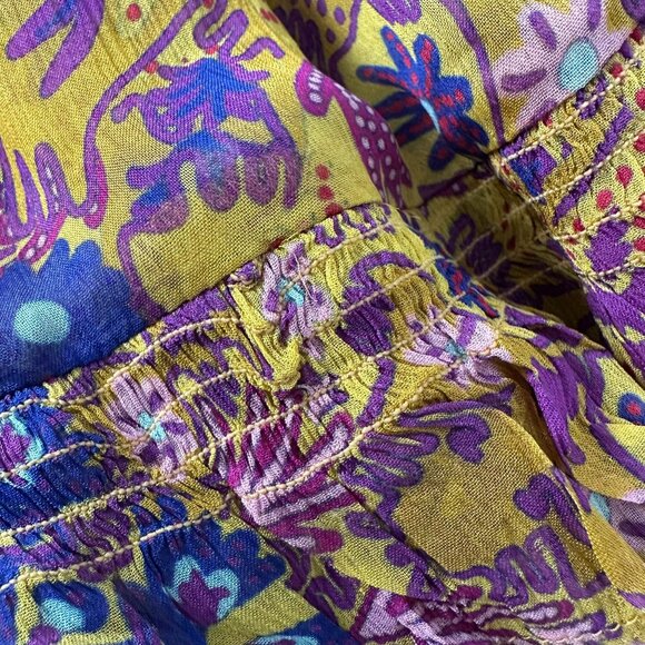 Anthropologie Slip Chiffon Maxi Dress Dorset Button Ruffle Tassel Smocked Gold S - Picture 13 of 15